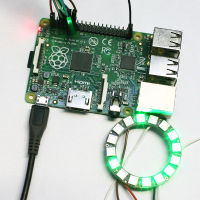 a picture of a Raspberry Pi B+ and an Adafruit WS2812 LED ring